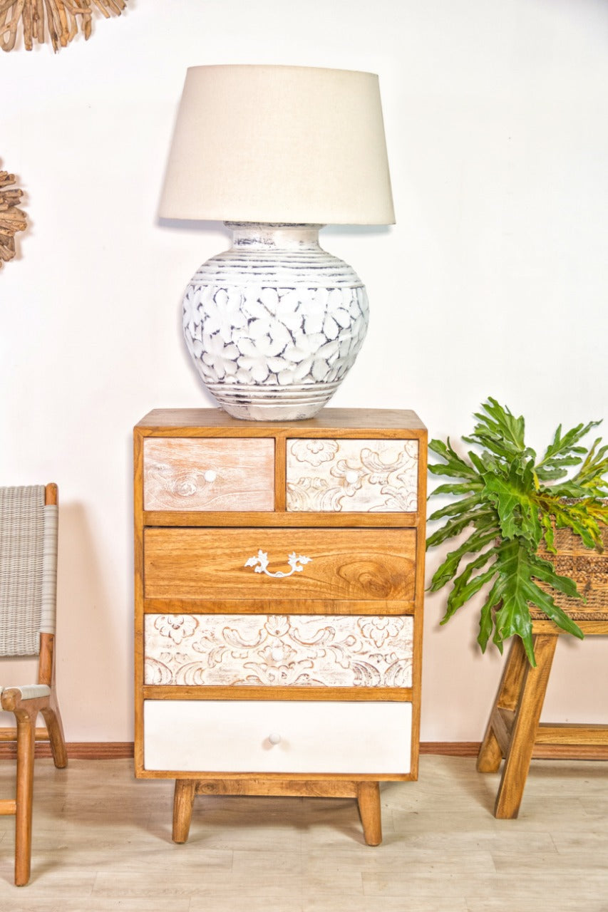 Mindi wood chest of drawers Medan Cabinet 5 Drawers / Straight Edge Border – boho furniture, handwoven and handmade in Bali
