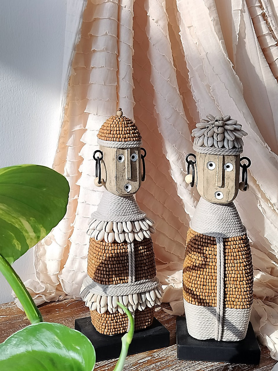 Handcrafted beaded sculpture – Numberi Couple Set Brown & Natural, boho decor from BaliSouk