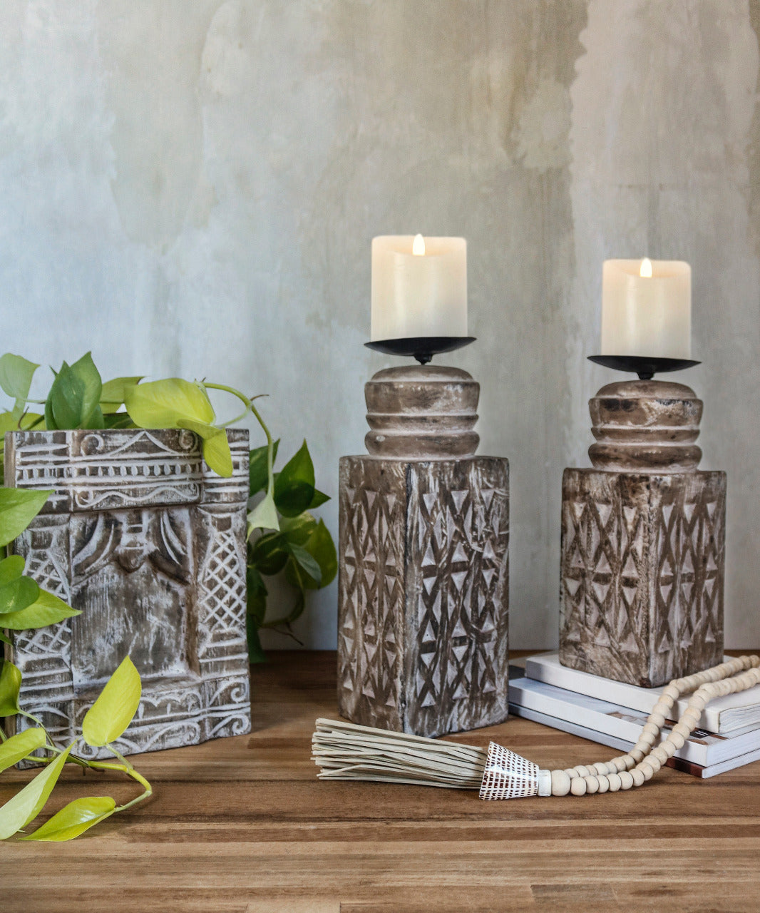 Suar wood candle holder Indira – boho decor, handwoven and handmade in Bali