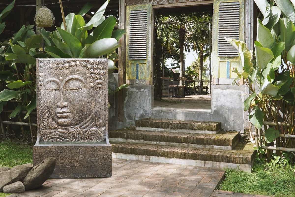 Fibre cement sculpture Buddha Face – boho decor, handwoven and handmade in Bali