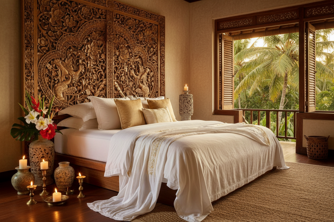 Handcrafted Bali bed and Balinese headboard made from premium solid teak wood, combining artisanal craftsmanship, natural beauty, and timeless design to create the ultimate luxury sleeping sanctuary.