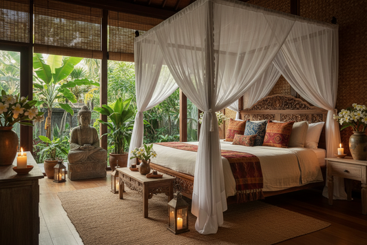 Elegant Bali bedroom designed with handcrafted teak furniture, organic textures, natural materials, and harmonious Balinese decor to create a tranquil sleeping sanctuary from the ground up.
