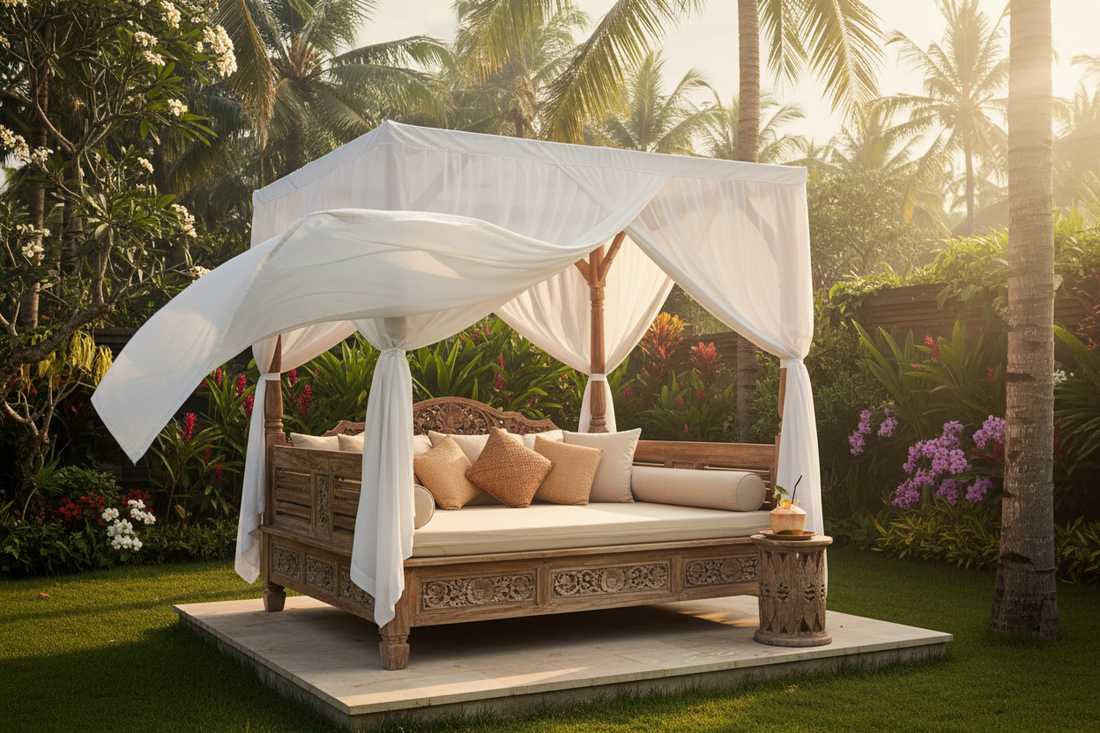 Handcrafted Bali day bed crafted from premium solid teak wood, combining timeless Balinese craftsmanship, luxurious comfort, and tropical resort-inspired design for exceptional outdoor living.