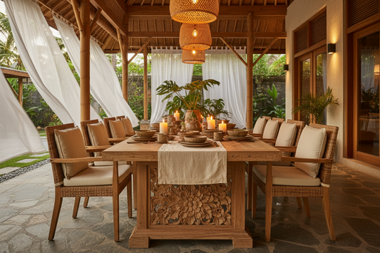 Handcrafted Bali dining table featuring premium solid teak wood, artisanal craftsmanship, and timeless design, available in a variety of sizes to complement every home and dining space.