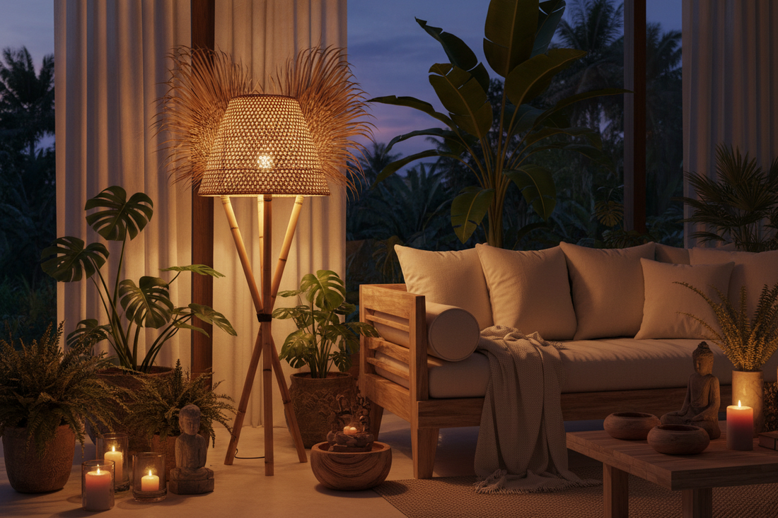 Handcrafted Bali floor lamp and Balinese lighting featuring natural rattan, premium teak wood, and artisanal craftsmanship, creating a warm evening ambiance and timeless tropical elegance.