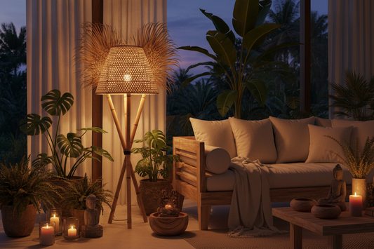 Handcrafted Bali floor lamp and Balinese lighting featuring natural rattan, premium teak wood, and artisanal craftsmanship, creating a warm evening ambiance and timeless tropical elegance.