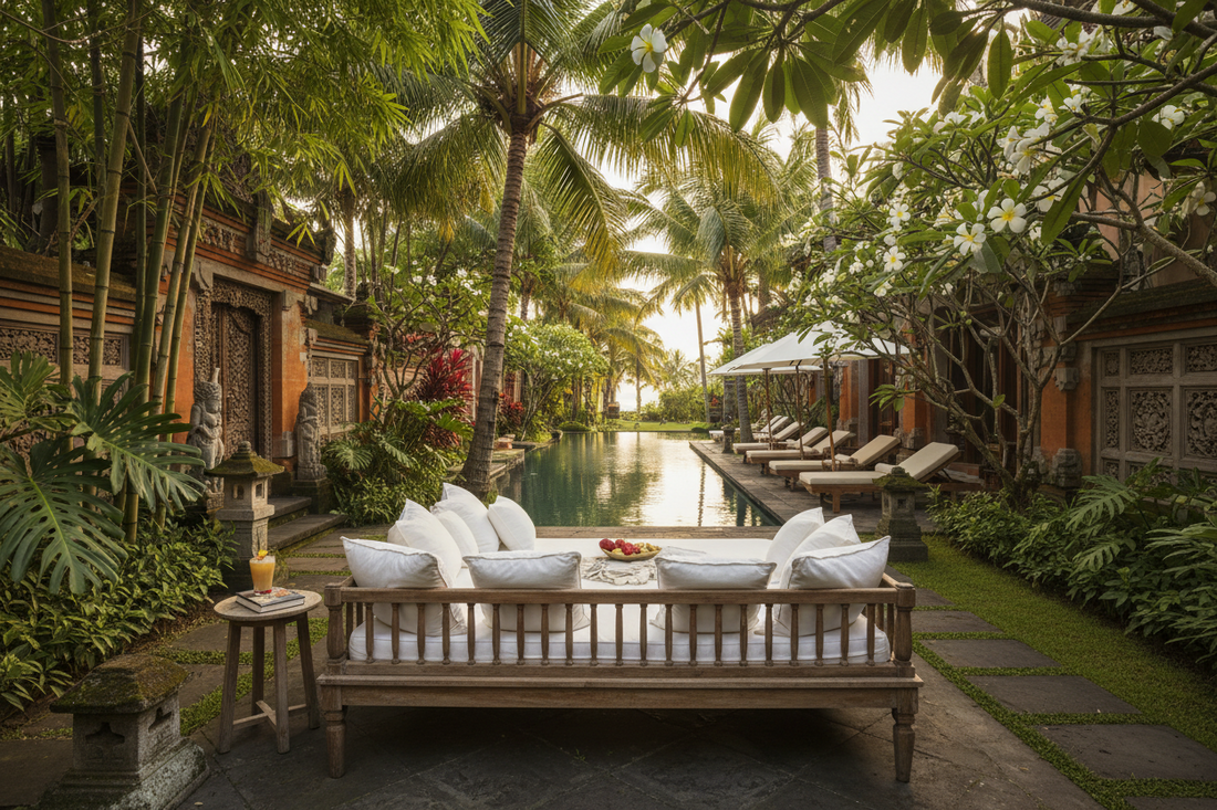 Handcrafted Bali garden furniture crafted from solid teak wood and natural materials, transforming outdoor spaces into tropical retreats with resort-style comfort, timeless design, and authentic Balinese charm.
