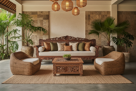 Handcrafted Bali inspired furniture made from premium teak wood and natural materials, blending timeless Balinese design, organic textures, and tropical elegance to create a serene and inviting home.