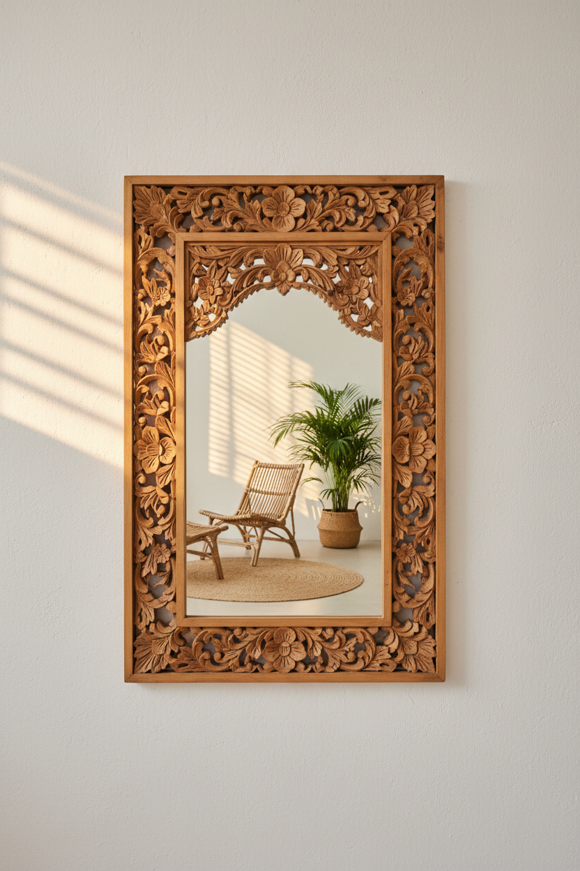 Handcrafted Bali mirror featuring premium teak wood, artisanal craftsmanship, and timeless design that transforms light, enhances space, and elevates the atmosphere of any room.