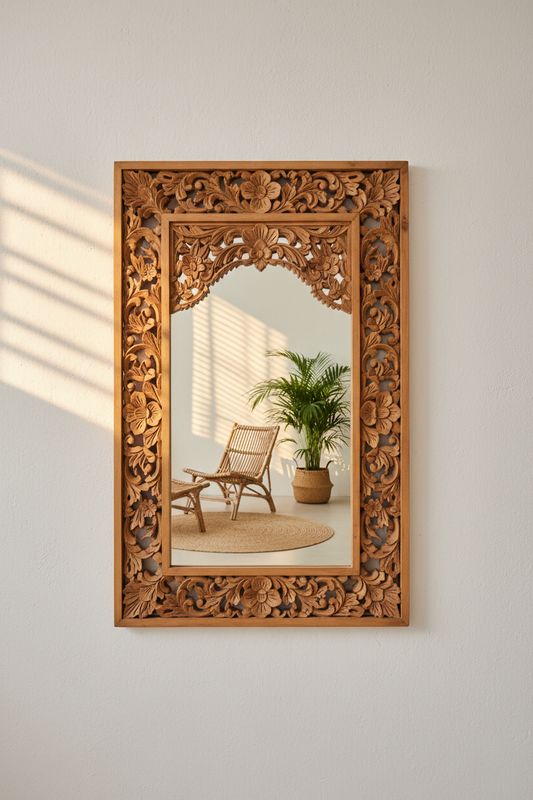 Handcrafted Bali mirror featuring premium teak wood, artisanal craftsmanship, and timeless design that transforms light, enhances space, and elevates the atmosphere of any room.