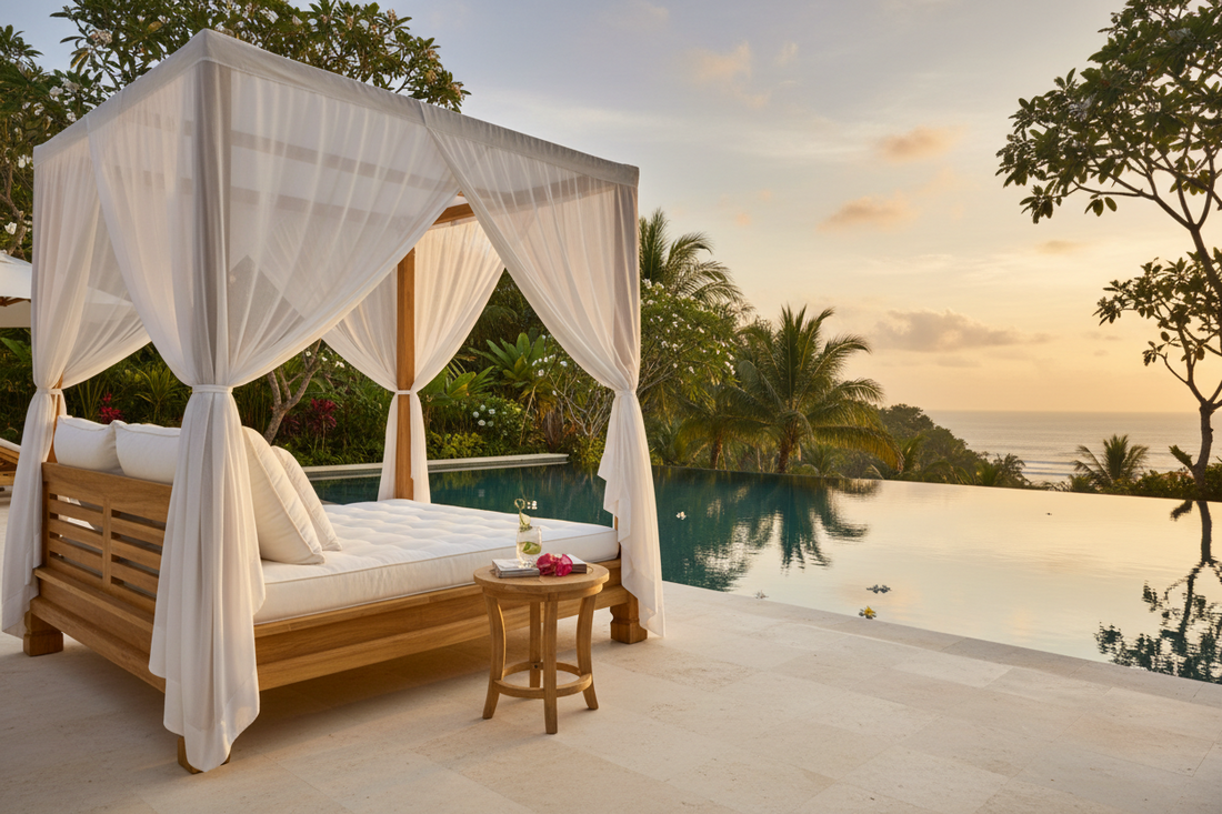 Luxury Bali outdoor teak daybed beside a tropical pool, showcasing handcrafted solid teak wood, premium craftsmanship, weather-resistant materials, and elegant Balinese outdoor design.