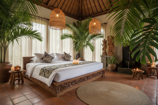 Handcrafted Balinese bedroom furniture crafted from solid teak wood, natural materials, and artisanal finishes, creating a peaceful tropical retreat with timeless elegance and authentic island character.