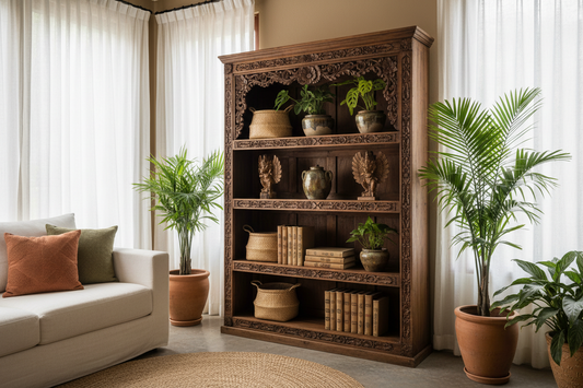 Handcrafted Balinese bookcase and Bali shelving crafted from premium teak wood, showcasing timeless craftsmanship, natural beauty, and functional storage designed to become the soul of the room.