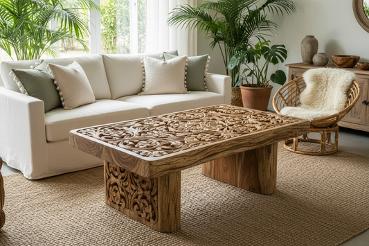 Handcrafted Balinese coffee table featuring premium natural teak wood, artisanal craftsmanship, and timeless design that serves as the perfect centerpiece for sophisticated and relaxed living spaces.