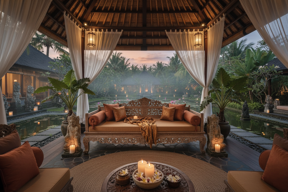 Authentic Balinese decor featuring handcrafted teak furniture, natural textures, tropical elements, and timeless design principles that have made Bali one of the world's most influential interior styles.
