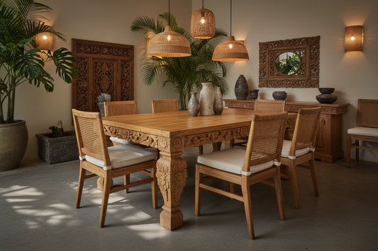 Handcrafted Balinese dining table featuring premium solid teak wood, superior durability, natural beauty, and artisanal craftsmanship that makes teak the ultimate choice for luxury dining rooms.