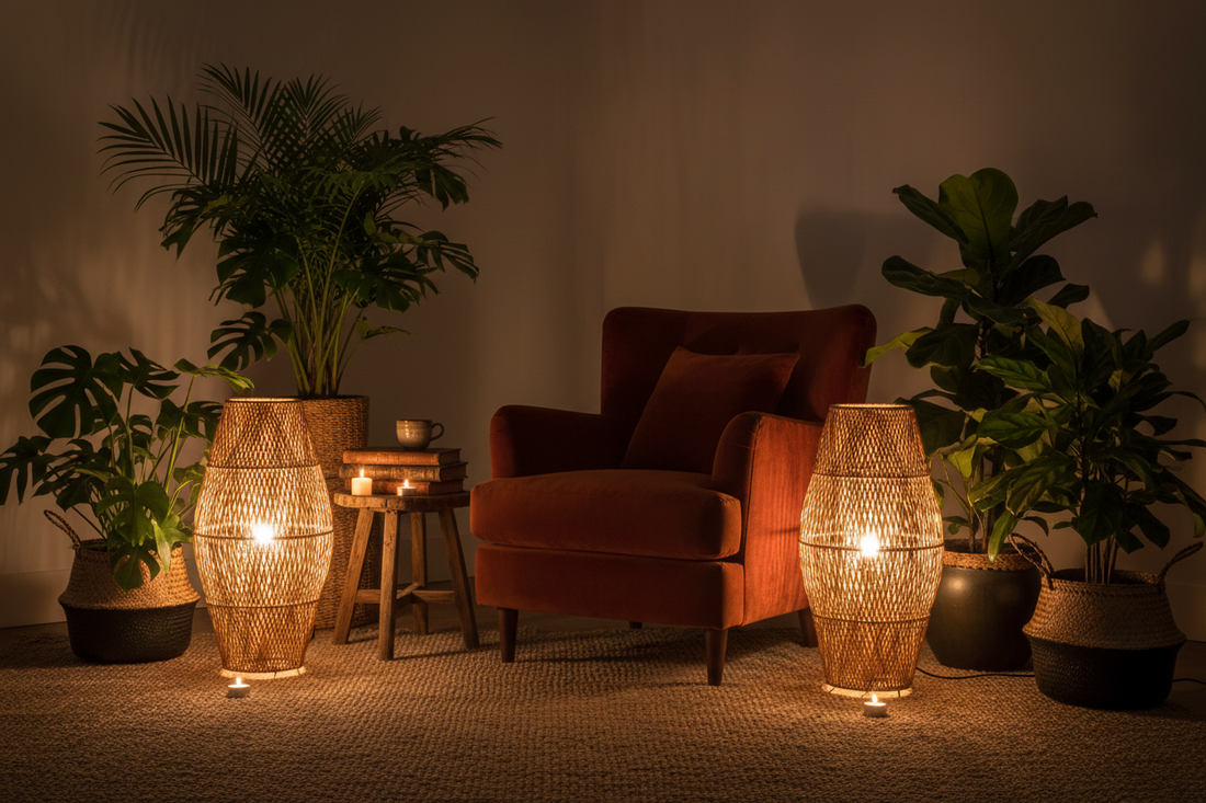 Elegant handcrafted Balinese floor lamp with woven natural rattan and solid teak, casting warm ambient light to enhance reading corners and luxury tropical interiors.
