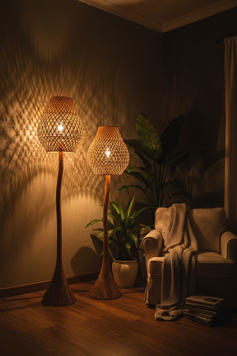 Luxury Balinese floor lamp handcrafted from solid teak and natural rattan, creating warm ambient lighting in an elegant tropical living space.