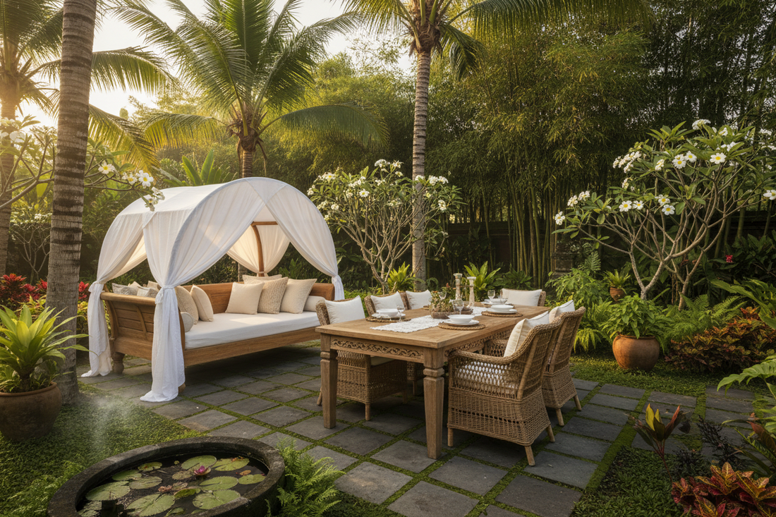 Handcrafted Balinese outdoor furniture crafted from Grade A solid teak wood, combining timeless tropical design, superior durability, and artisanal craftsmanship to create beautiful gardens that endure for decades.