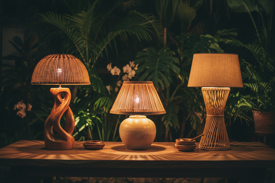 Elegant handcrafted Balinese table lamp featuring carved solid teak, natural ceramic and woven rattan, casting warm ambient light for bedside tables, consoles and luxury tropical living spaces.