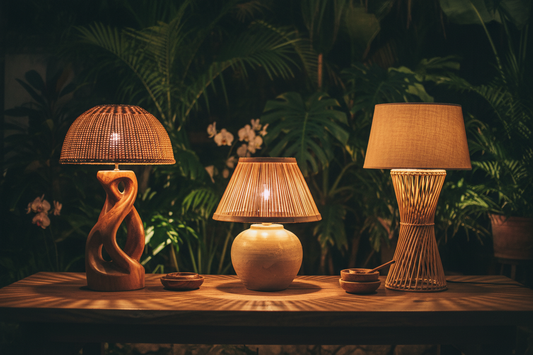 Elegant handcrafted Balinese table lamp featuring carved solid teak, natural ceramic and woven rattan, casting warm ambient light for bedside tables, consoles and luxury tropical living spaces.
