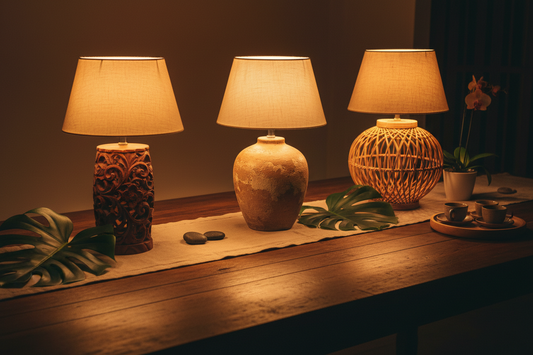 Luxury Balinese table lamp handcrafted from carved solid teak, natural ceramic and woven rattan, creating a warm ambient glow in a tropical interior.