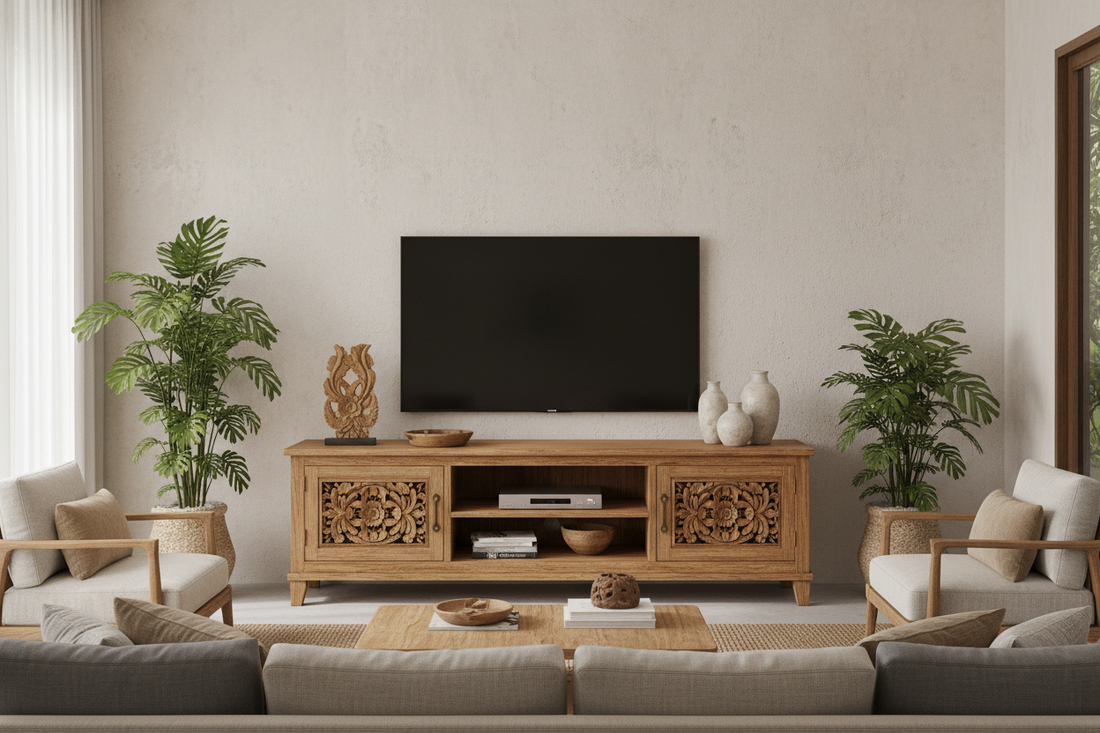 Handcrafted Balinese TV cabinet and entertainment unit featuring premium teak wood, refined craftsmanship, natural materials, and timeless design where traditional artistry meets modern living.