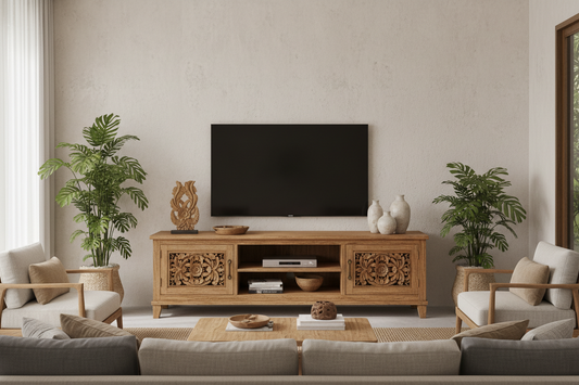 Handcrafted Balinese TV cabinet and entertainment unit featuring premium teak wood, refined craftsmanship, natural materials, and timeless design where traditional artistry meets modern living.