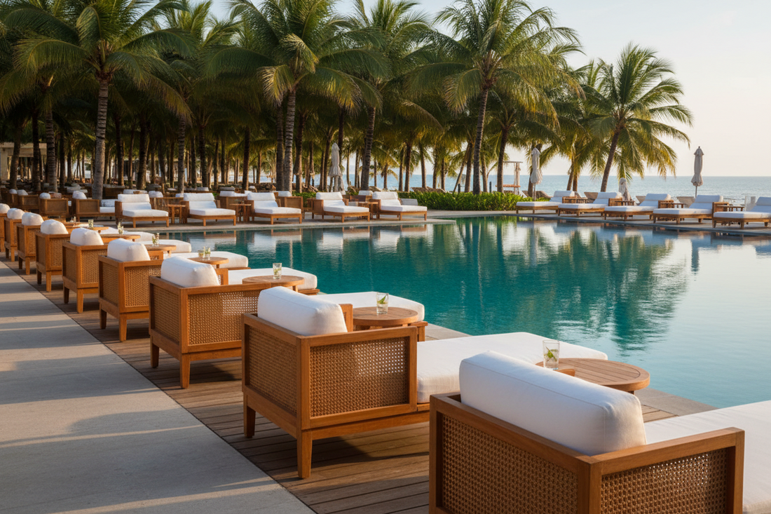 Handcrafted beach club furniture made from solid teak wood and natural rattan, combining weather-resistant durability, tropical sophistication, and timeless design for exceptional poolside living.