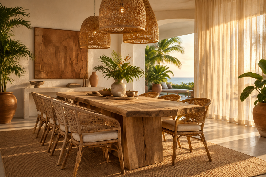 Boho Bali Dining Room: Natural Tables, Rattan Chairs and Woven Lighting