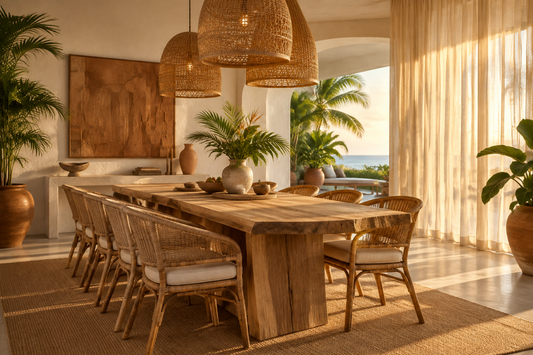 Boho Bali Dining Room: Natural Tables, Rattan Chairs and Woven Lighting