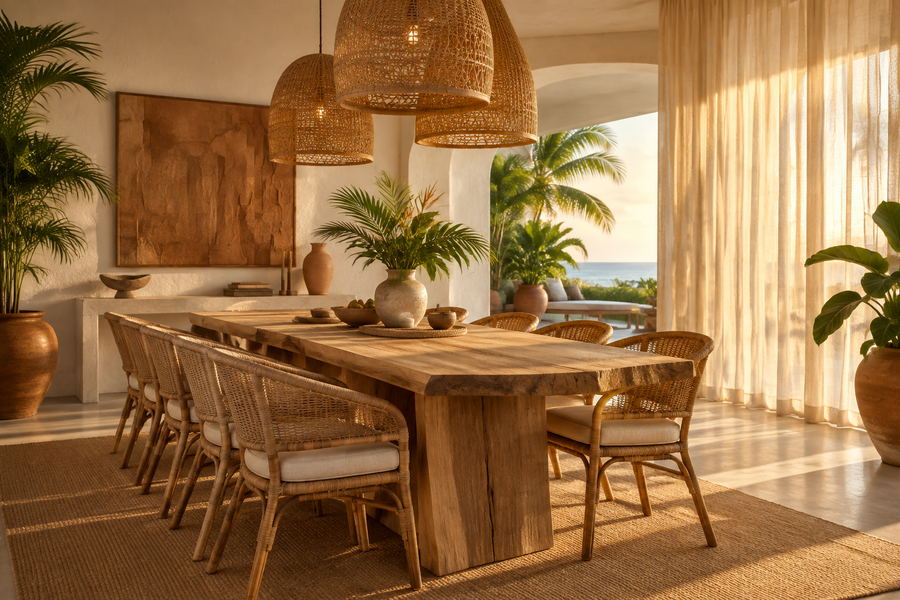 Boho Bali Dining Room: Natural Tables, Rattan Chairs and Woven Lighting