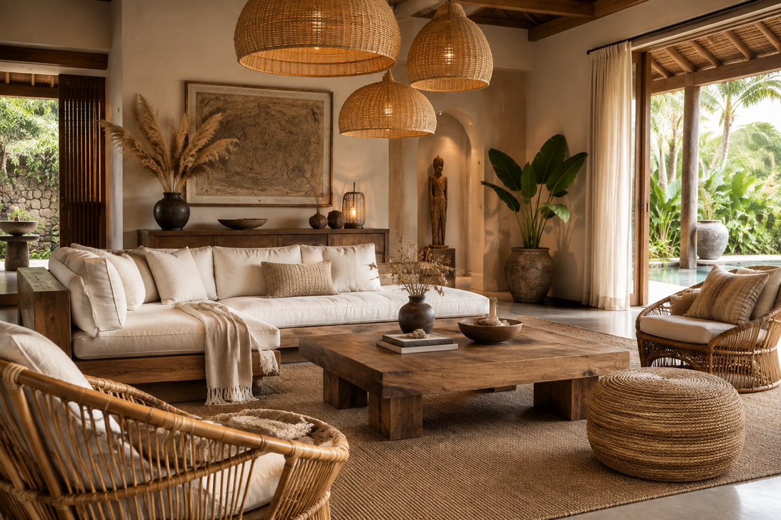 Boho Bali Living Room: Natural Teak, Rattan and Woven Lighting for the Perfect Space