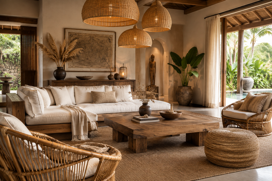 Boho Bali Living Room: Natural Teak, Rattan and Woven Lighting for the Perfect Space