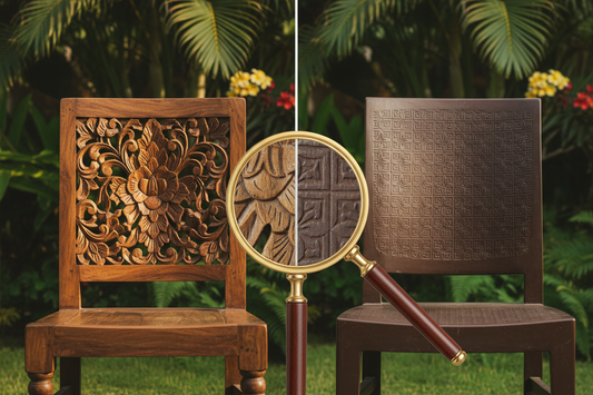 Balinese craftsman inspecting handcrafted teak furniture in a traditional Bali workshop, highlighting authentic craftsmanship, natural materials, and the quality differences between genuine Bali furniture and imitations.