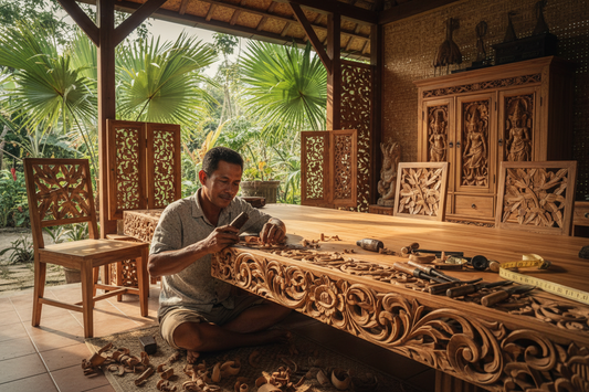 Balinese artisan handcrafting custom teak wood furniture in a Bali workshop, carefully shaping and finishing a bespoke piece made to exact client specifications using traditional woodworking techniques.