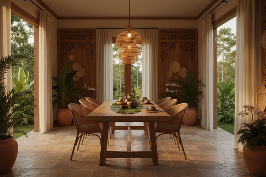 Luxury Bali dining room featuring a handcrafted solid teak dining table, natural rattan chairs, woven pendant lighting and warm tropical interior styling.