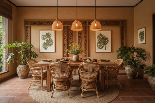 Elegant Bali dining room showcasing a handcrafted solid teak dining table, genuine rattan seating, natural pendant lighting and timeless tropical interior design.
