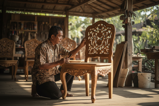 Handcrafted furniture from Bali undergoing quality control, professional packing, and international shipping, illustrating the step-by-step process of importing authentic teak furniture with confidence and ease.