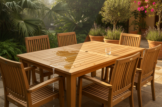 Grade A Bali teak outdoor furniture handcrafted from solid plantation teak, showcasing natural wood grain, premium craftsmanship and elegant outdoor living.