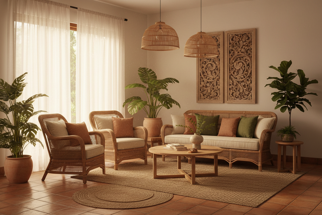 Luxury Bali home furnishings featuring handcrafted solid teak furniture, natural rattan, woven textures and organic décor, creating a harmonious tropical interior.