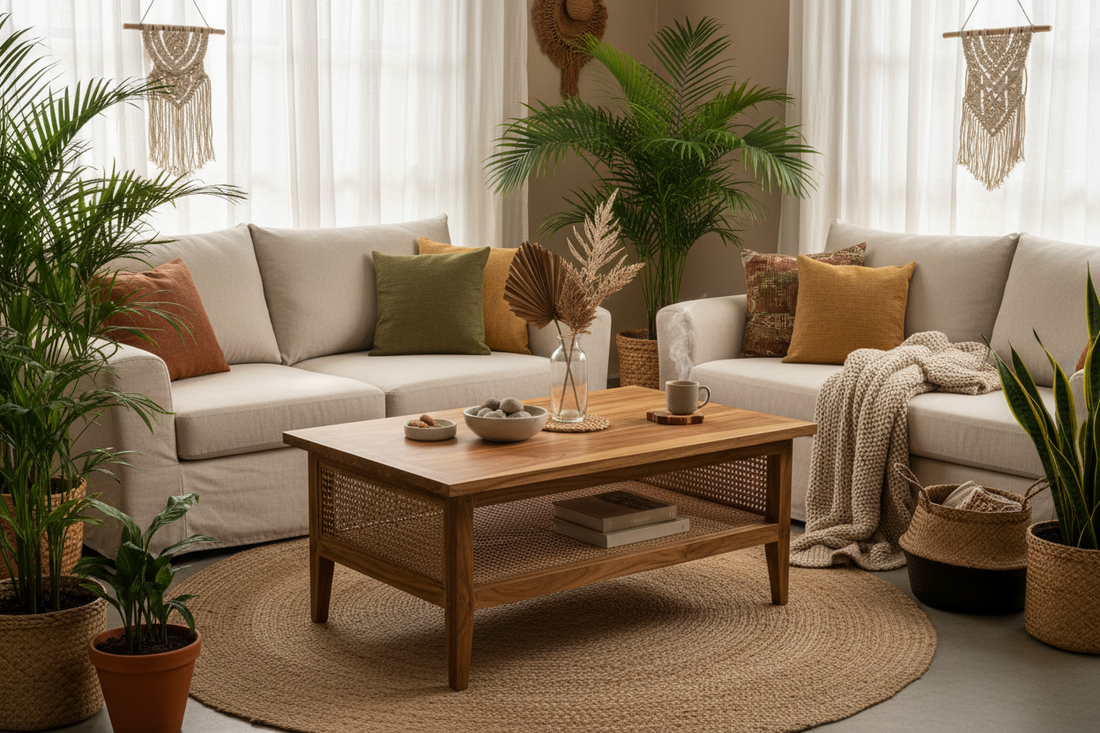 Handcrafted Indonesian coffee table featuring solid teak wood, natural rattan accents, and timeless craftsmanship designed to anchor elegant and relaxed living spaces.