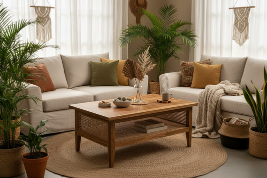Handcrafted Indonesian coffee table featuring solid teak wood, natural rattan accents, and timeless craftsmanship designed to anchor elegant and relaxed living spaces.