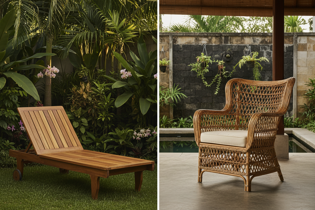 Luxury tropical living room featuring handcrafted teak and rattan Bali furniture, illustrating the differences in durability, aesthetics and material combinations for indoor and outdoor spaces.