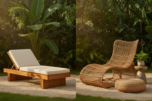 Solid teak and natural rattan furniture displayed together in a tropical living space, highlighting the perfect balance of durability, comfort and organic design.