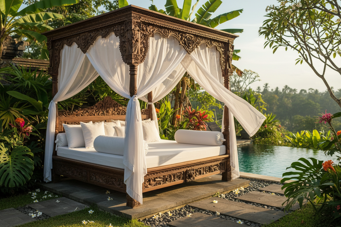 uxury Balinese day bed handcrafted from solid teak with premium cushions, showcasing traditional tropical design, artisan craftsmanship and resort-inspired comfort.