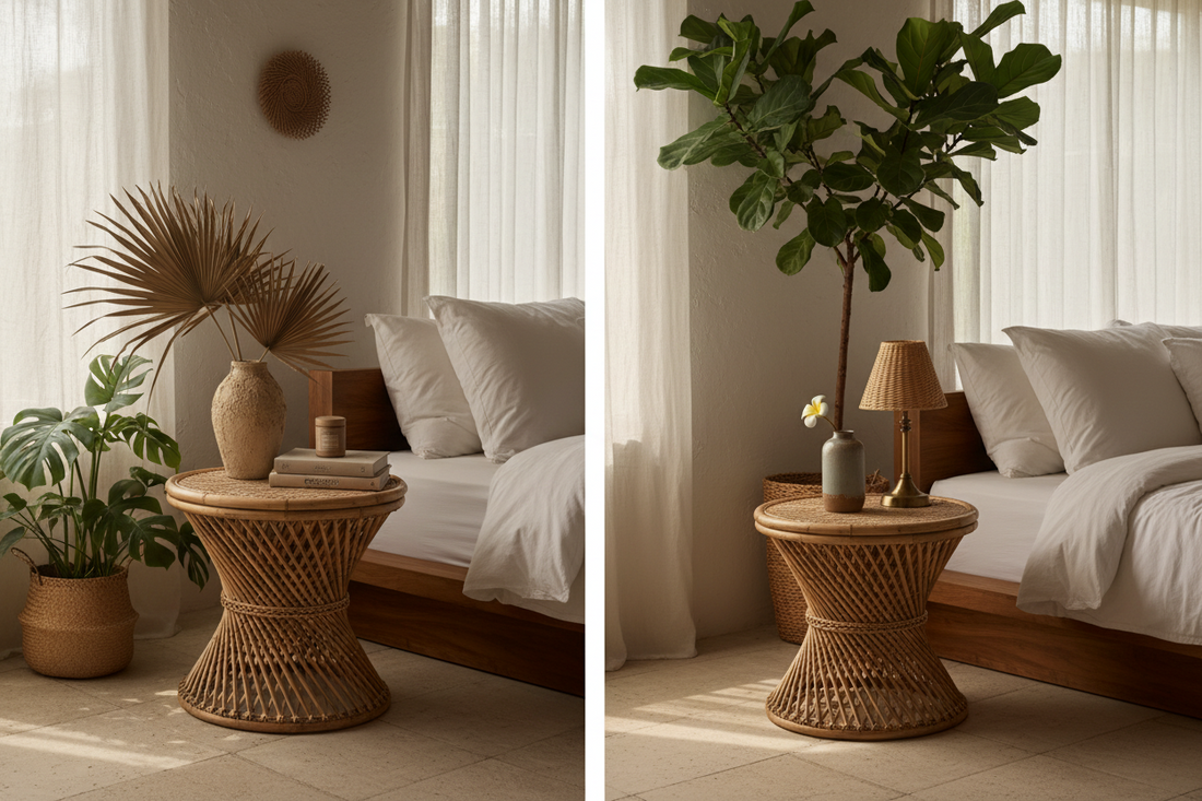 Elegant handcrafted Balinese side table in solid teak, showcasing timeless design, natural materials and versatile placement beside sofas and beds in luxury tropical interiors.