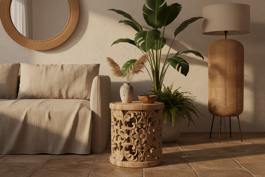 ound solid teak side table inspired by Balinese design, styled next to a lounge chair with natural materials and warm organic finishes.
