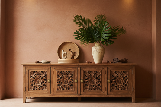 Luxury Balinese sideboard handcrafted from solid teak, showcasing natural wood grain, elegant storage and timeless tropical interior design.