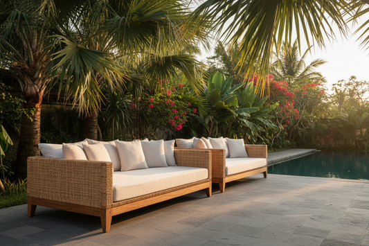 Solid teak Balinese sofa with deep cushions and natural rattan details, creating a relaxed resort-inspired living space filled with organic warmth.